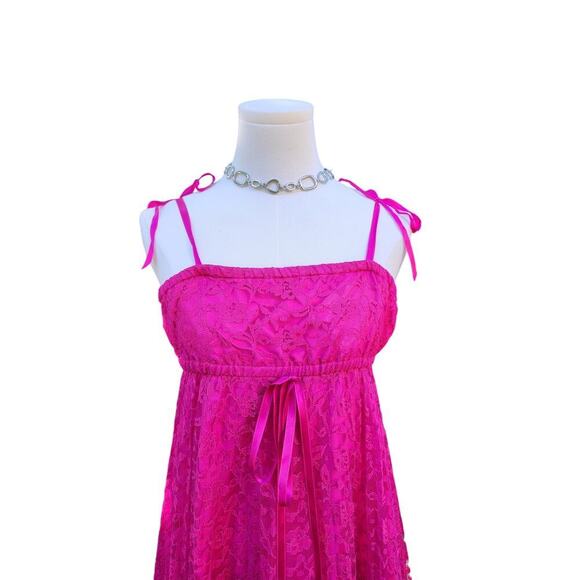 Vtg 60s 70s Union Made Barbie Hot Pink Empire Waist Lace Strappy Maxi Dress Sz S - Picture 2 of 8